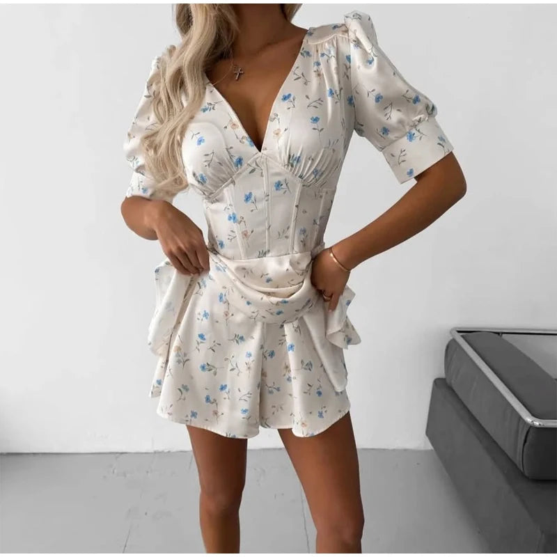 Satin Printed Mini Dress Women Elegant V Neck Puff Short Sleeve Waist-cinching A-line Dresses 2026 Summer Lady Party Robes