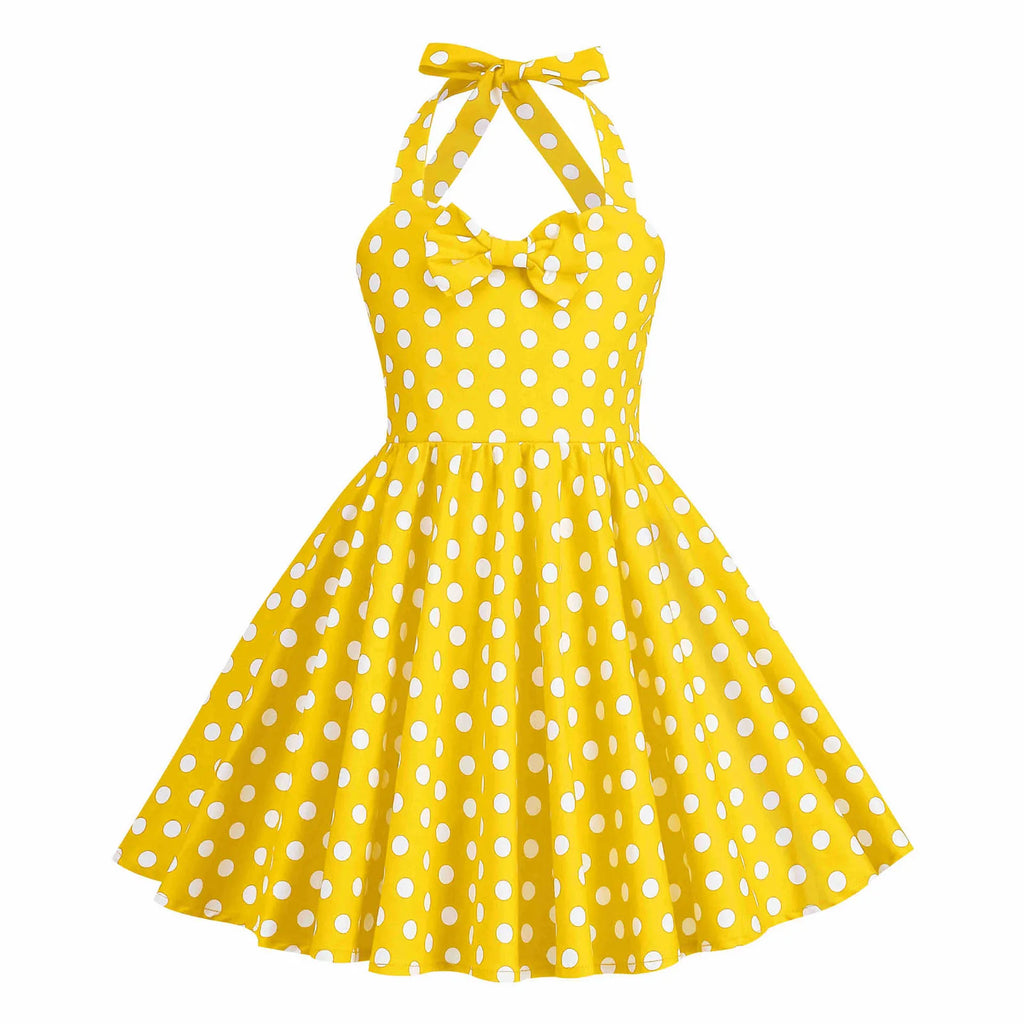 Kids Girls Vintage Halterneck Dress Polka Dots Cherry Strawberry Daily Birthday Party 1950s Swing Dress Summer Princess Dress