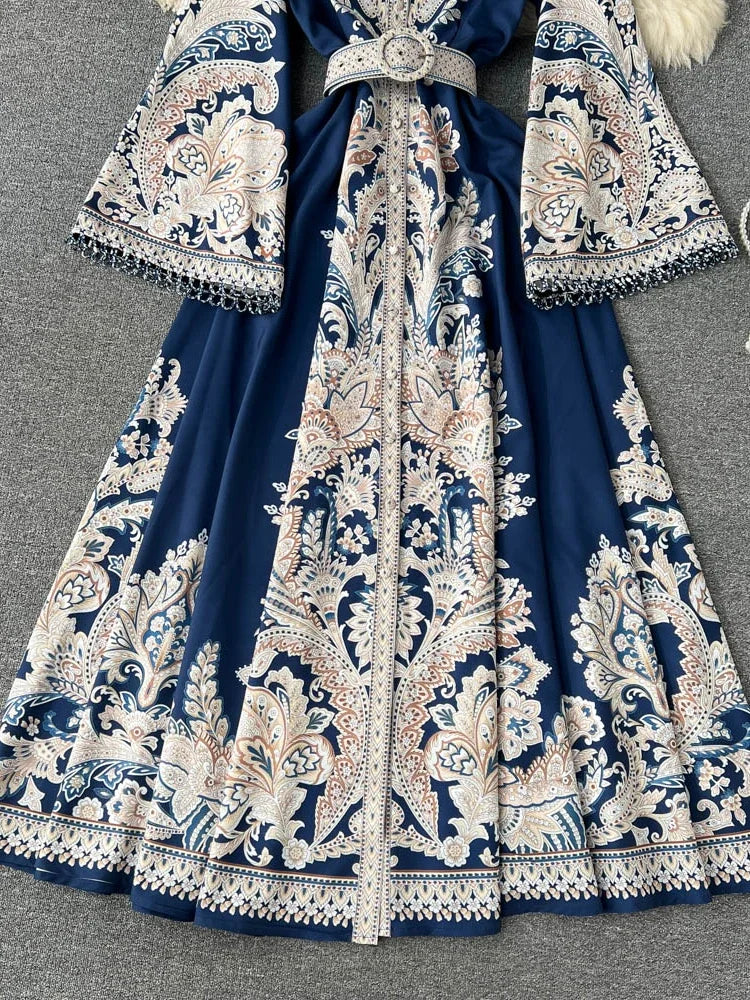 Spring Autumn Vintage Print Long Robe Women Round Neck Flare Sleeve Elegant Dresses Single Breasted Irregular Pleated Maxi Dress
