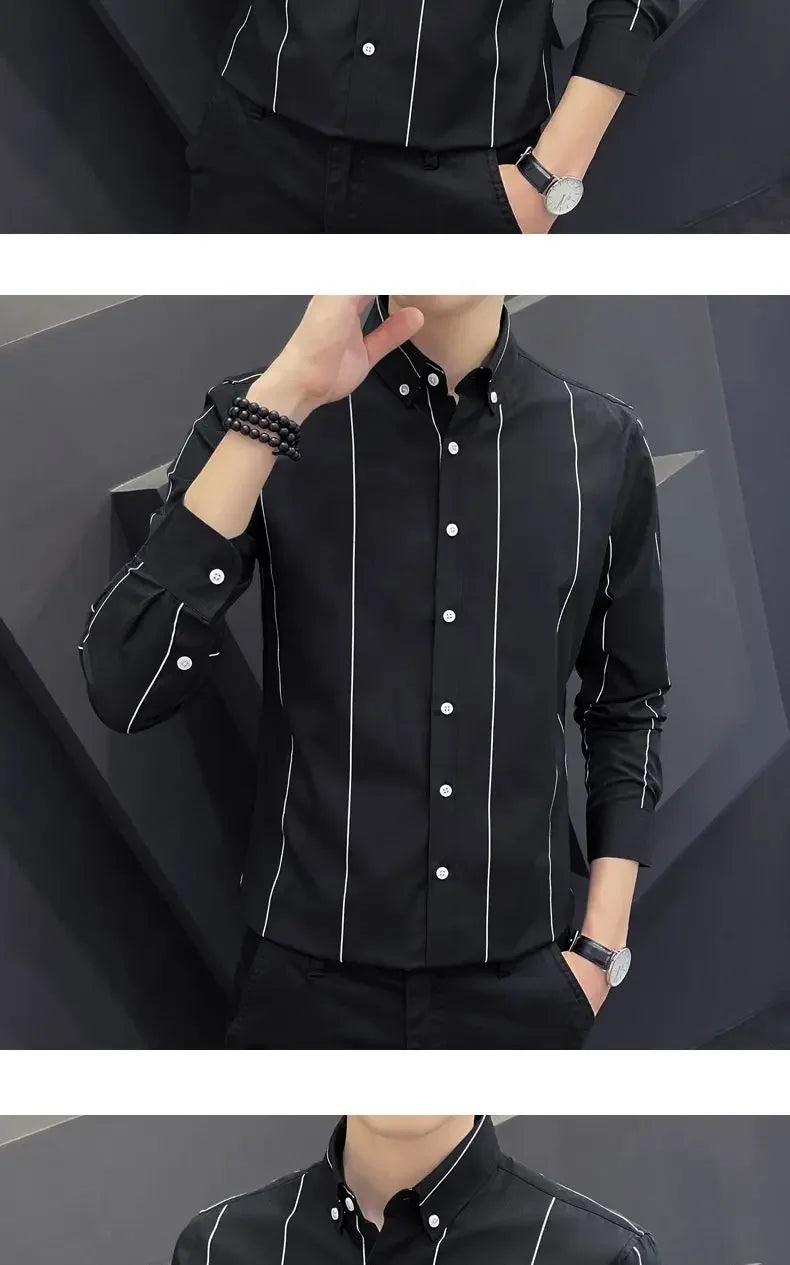 Stylish Men's Striped Shirt Printed Casual Business Dress Shirts Long Sleeve All-Match Slim Fit Fashion Korean Streetwear Shirts