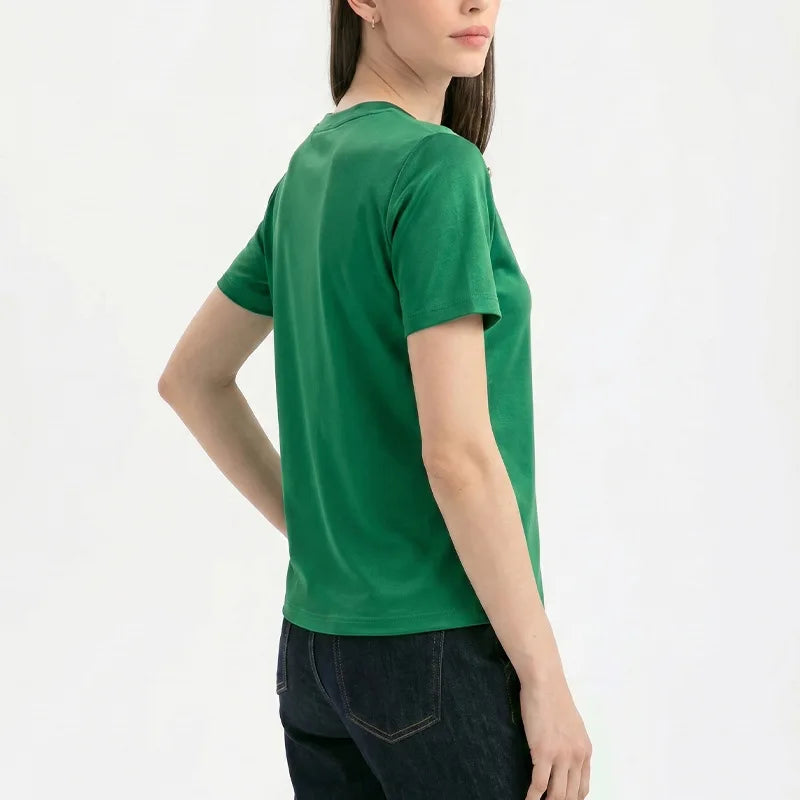 Fashionable Short Sleeve T-Shirt Women's Slim Fit Solid Color Summer 2026 Casual round Neck Polyester Blend Top