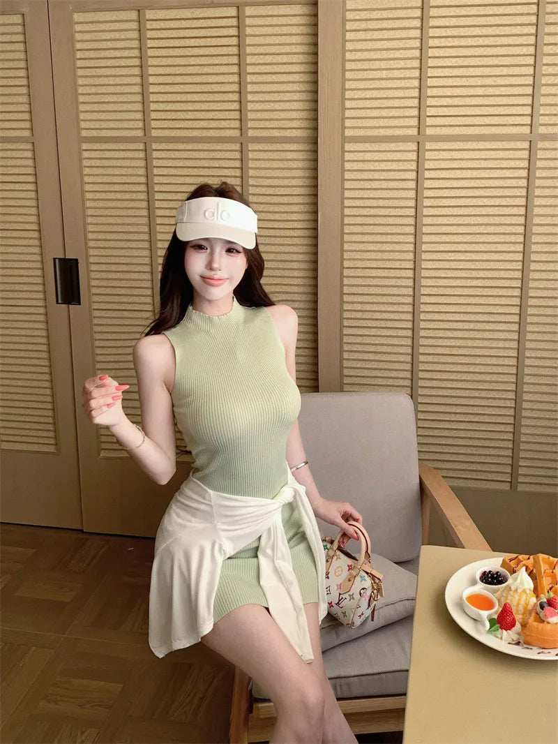 Mint Green Half High Collar Sleeveless Knitted Dress Women's Slim Fit Summer Waist Cinching Short Skirt Trendy Commute Style
