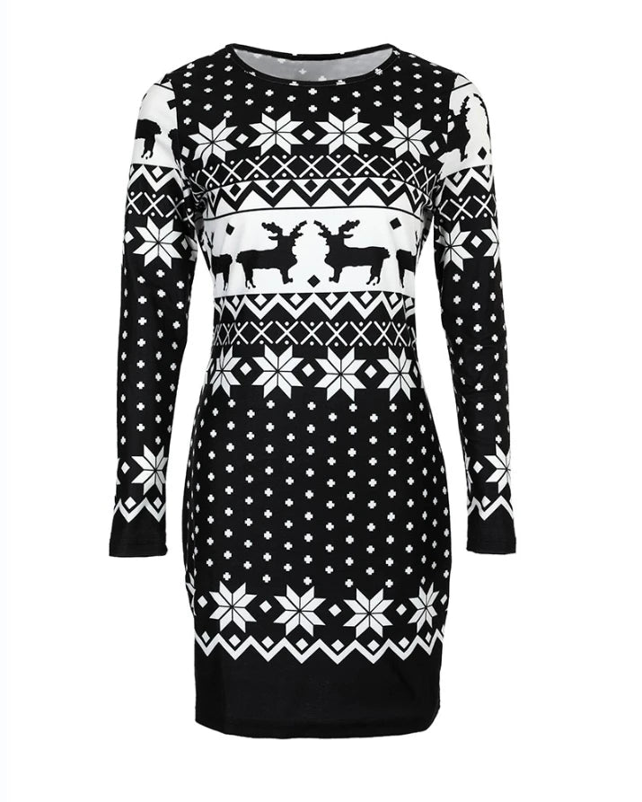 Christmas Women's Dresses 2024 Autumn Long Sleeve Fashion Snowflake Elk Print Casual O-Neck Daily Skinny Mini Dress