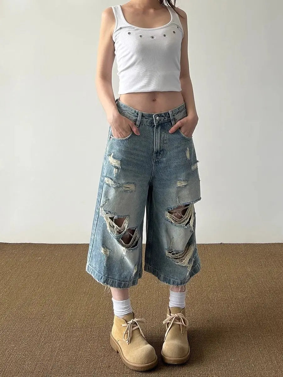 Vintage High Street Ripped Denim Seven-point Jeans Women's Summer Loose Drape Straight Wide-leg Pants