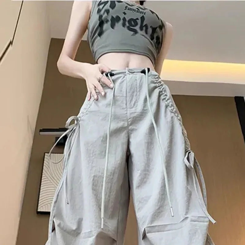 2026 Spring Summer New Women Pants Drawstring High Waisted Female Wide Leg Trousers Casual Vintage Korean Ladies Slim Work Pants
