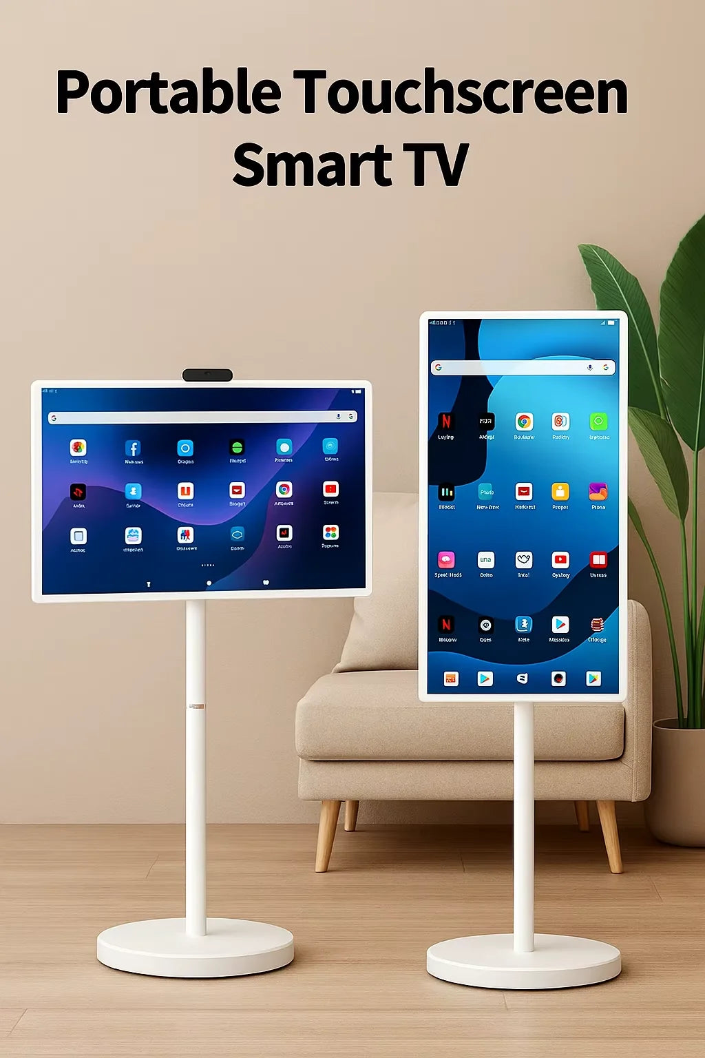 32” Android 15 Floor Stand TV, 6G+128G Smart Screen with Remote Controller, 2K Camera Video Call, Inbuit 148WH Battery Power