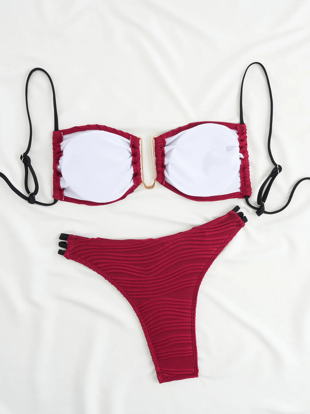 Color Block Ruched Bikini Swimsuit Thin Shoulder Straps Square Metal Ring Bikini Top Multi Strap Brief Fashion Bathing Suit
