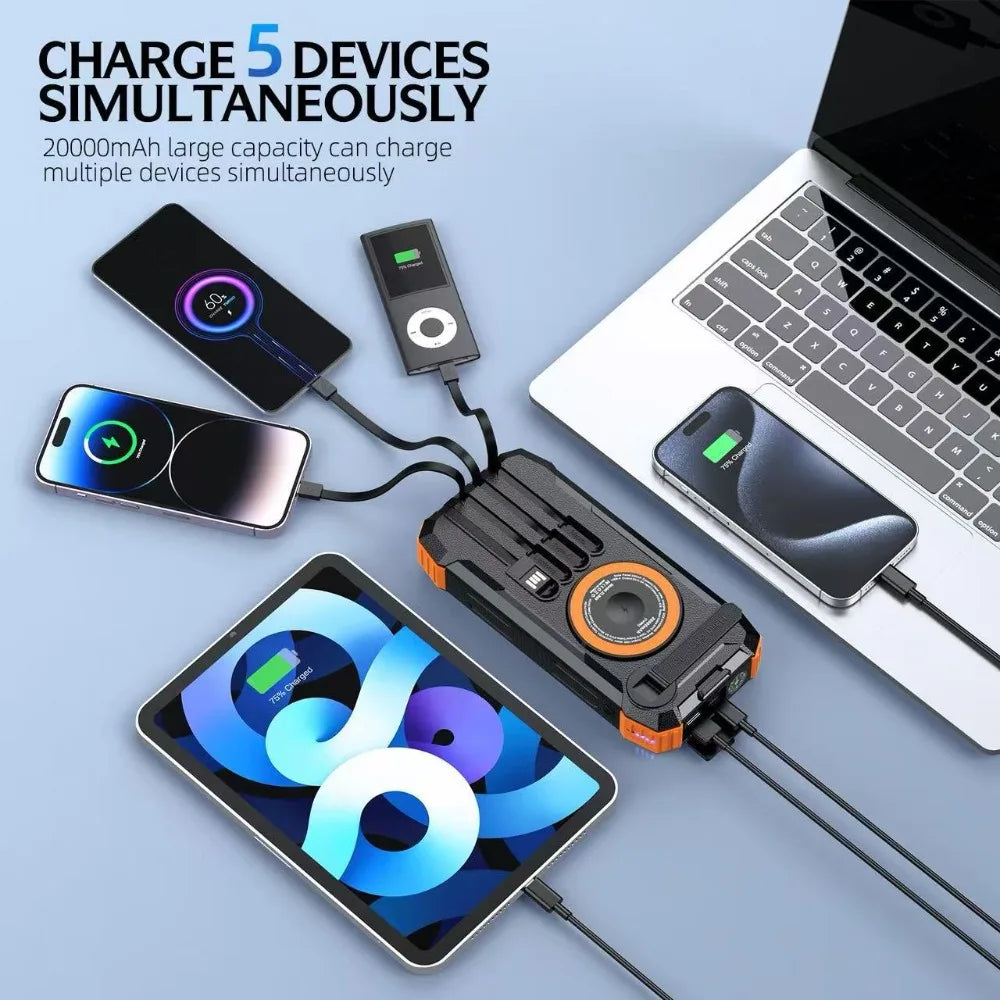 New 50000mAh Solar Power Bank Hand Crank Generator Portable Outdoor Emergency Charger with 4 Built-in Cables Dual LED Flashlight
