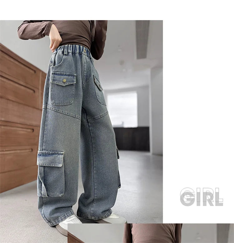 Elegant Fashion Kids Children Cargo Jeans Pants with Multi Pocket for Teenage Girls Loose Straight Casual Denim Trousers 5-14 Y