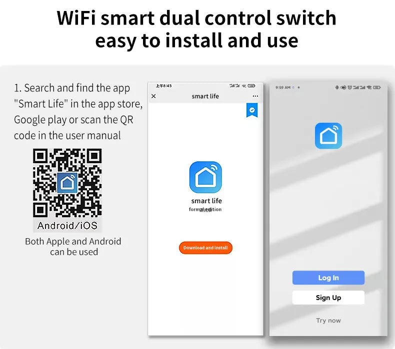 Wifi Smart  2way Switch 1gang 2gang 3gang Two Way Wall Touch Switch Voice and Smart Life TUYA APP Control For Stairs Corridors