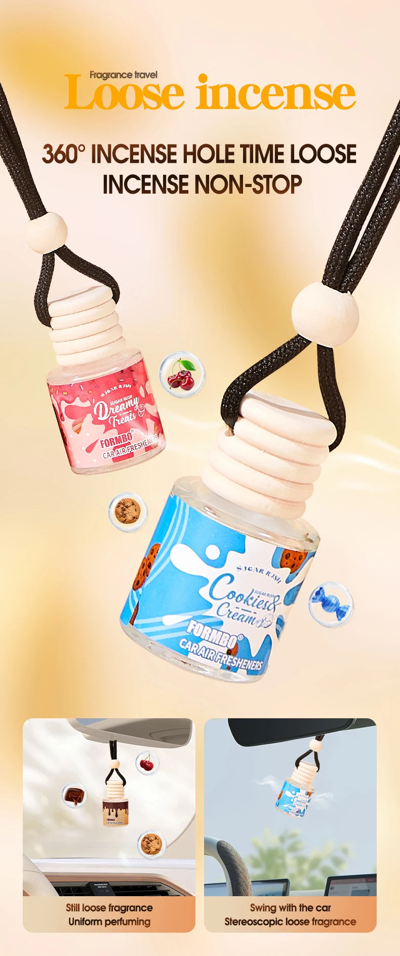 Car Air Freshener Hanging Perfume Bottle Cookies & Cream Cherry Luxe Dreamy Treats Scent Auto Rearview Mirror Pendant Deodorant