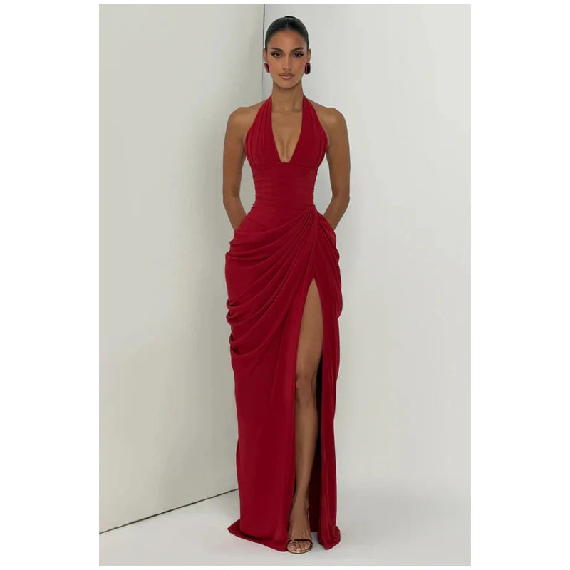 Solid Satin Cowl Neck Women's Dress Elegant Sleeveless Ruched Waist Fishtail Bodycon Lady Vestido 2026 Summer Party Dresses