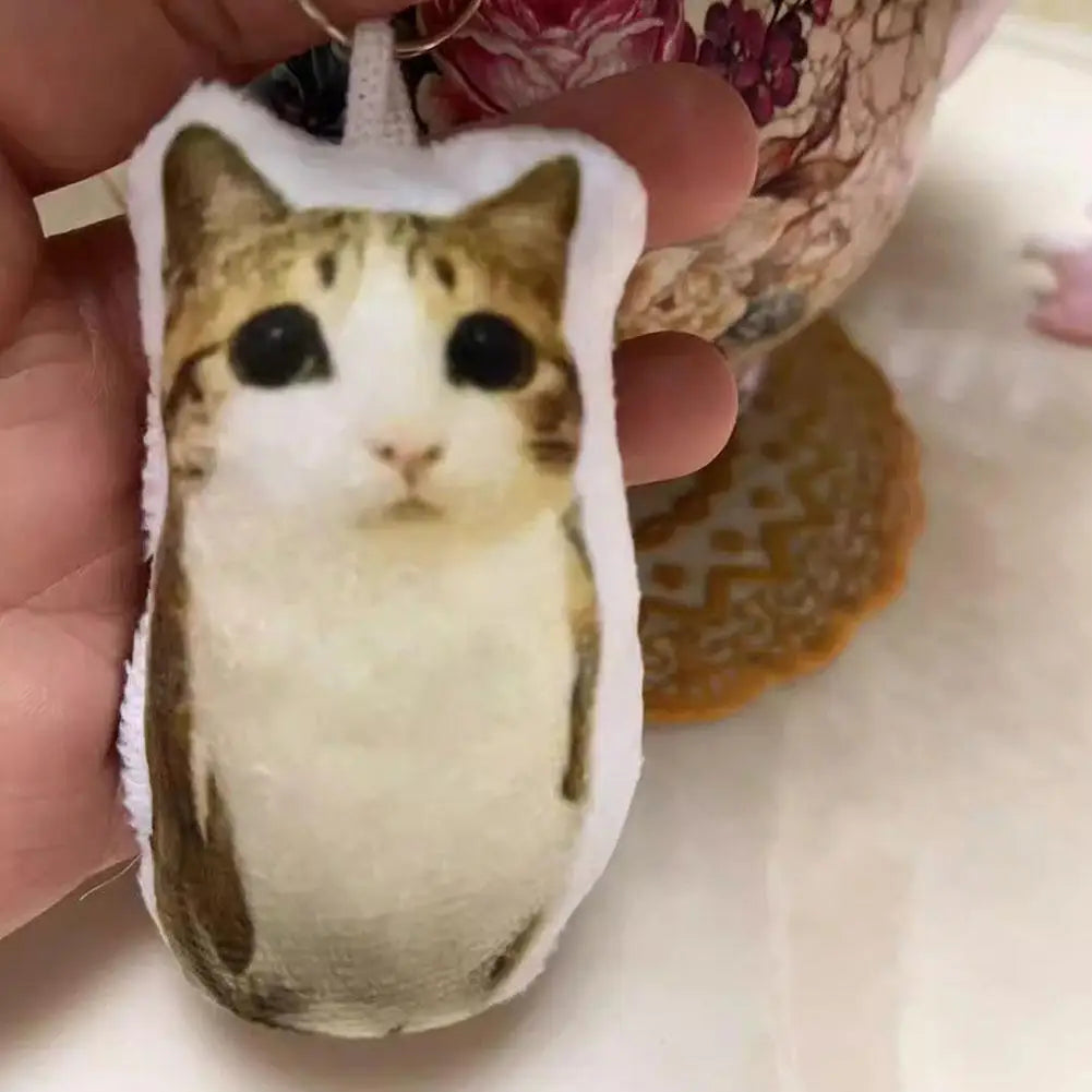 Cute Meowl Plush Keychain with Realistic Cat Sound Squeeze Voice Toy Funny Photo Realistic Cat Face Pendant for Bag Backpack