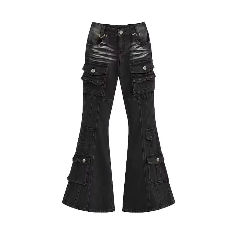 REDDACHiC Black Low Waist Cargo Jeans 2000s Distressed Whiskers Multi-pocket Stretch Bootcut Pants Women Retro Grunge Streetwear