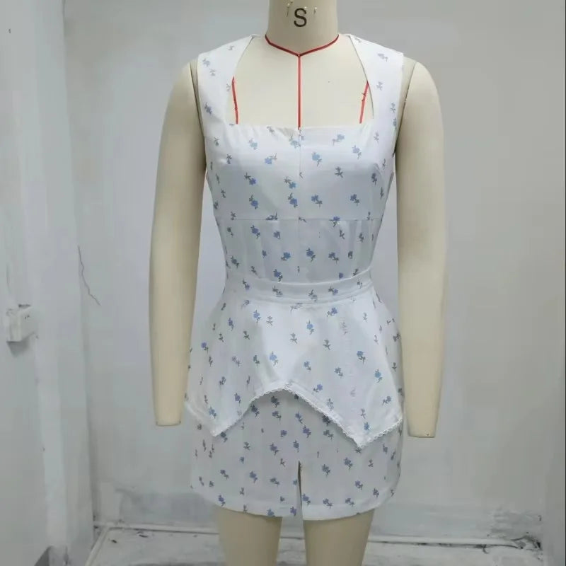 Elegant Printed Women's Dress Sleeveless Square Collar Waist-Closed Lady Mini Dresses With Waist Tape 2026 Summer Female Robes