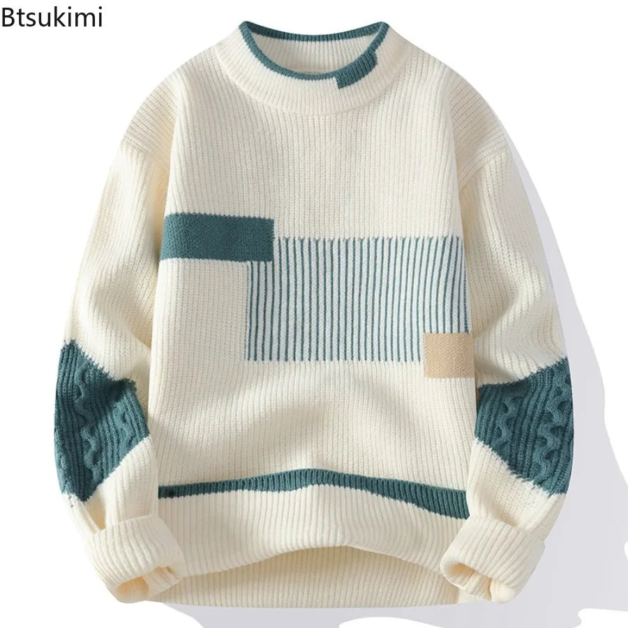 New Men's Mock Neck Knitted Sweaters Fashion Patchwork Knitting Pullovers Autumn Winter Daily Casual Warm Pullover Sweaters Male