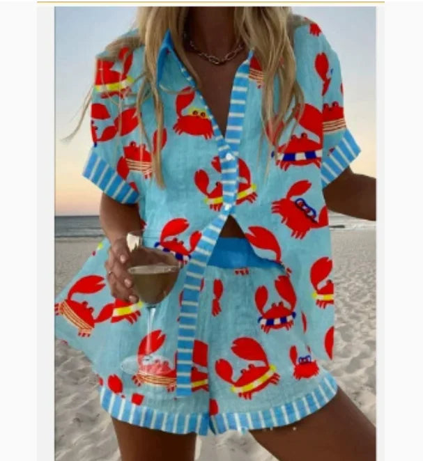 Fashion Print Beach Holiday 2 Piece Set Women Summer Short Sleeve Shirt Top Wide Legs Shorts Women's Oversize Two Piece Outfit