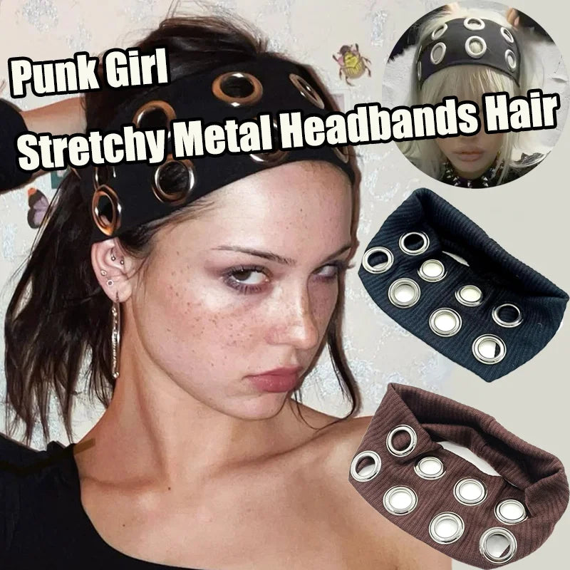 Y2K Girl Hollowed Out Wide Elastic Headband With Eyelets Punk Headwrap Rock Grunge Stretchy Headbands for Women Hair Accessories