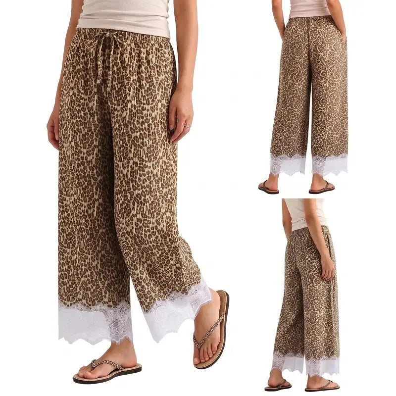 Women Leopard Print Wide Leg Pants Elastic Waist Drawstring Lace Trim Hem Loose Casual Autumn Fashion New Trousers