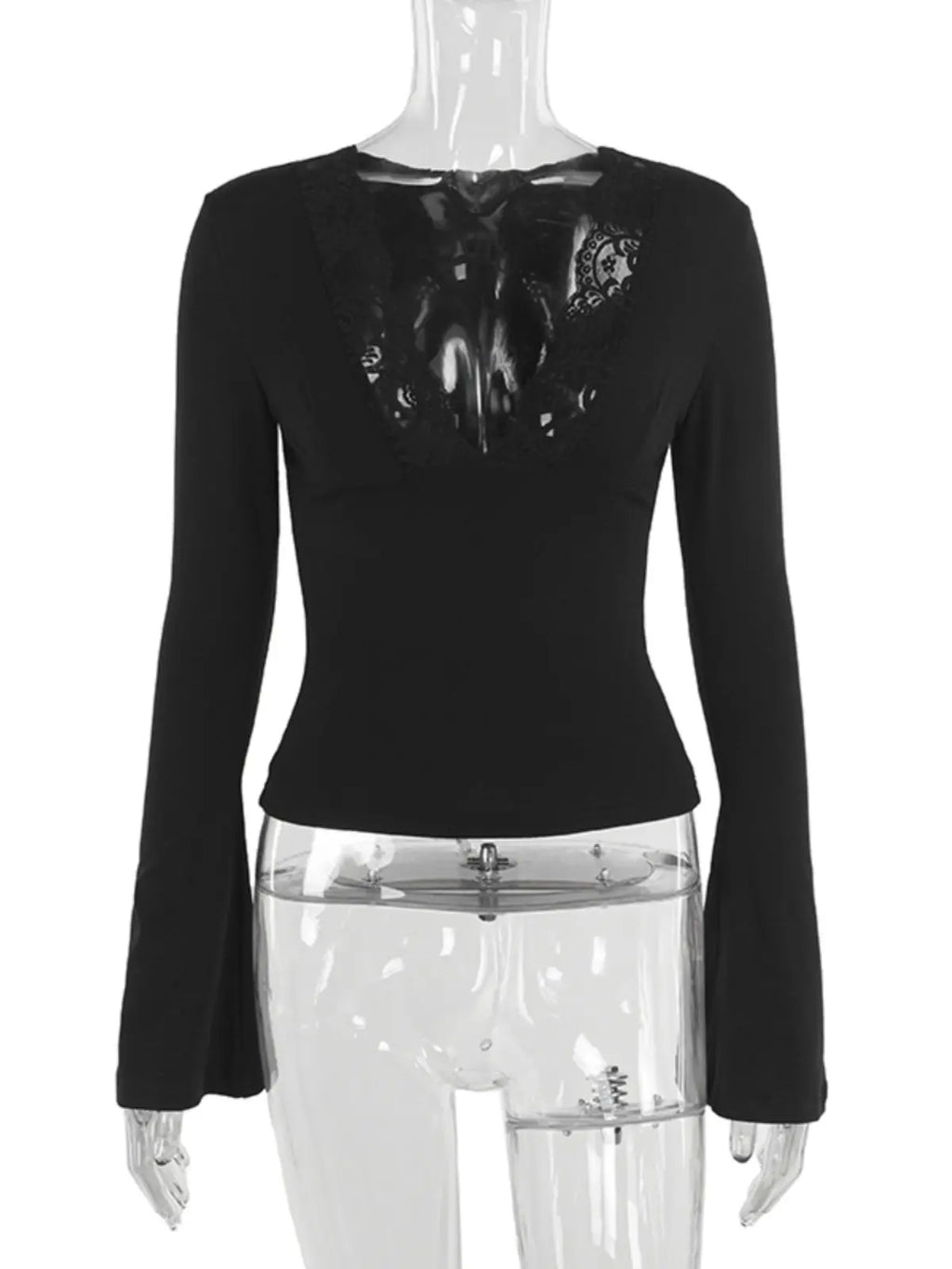 Sexy Lace V-Neck Long Sleeve T-Shirt Women's Waist-Cinching Top Pure Color Polyester Fabric Thin Autumn Winter Ladies Tee