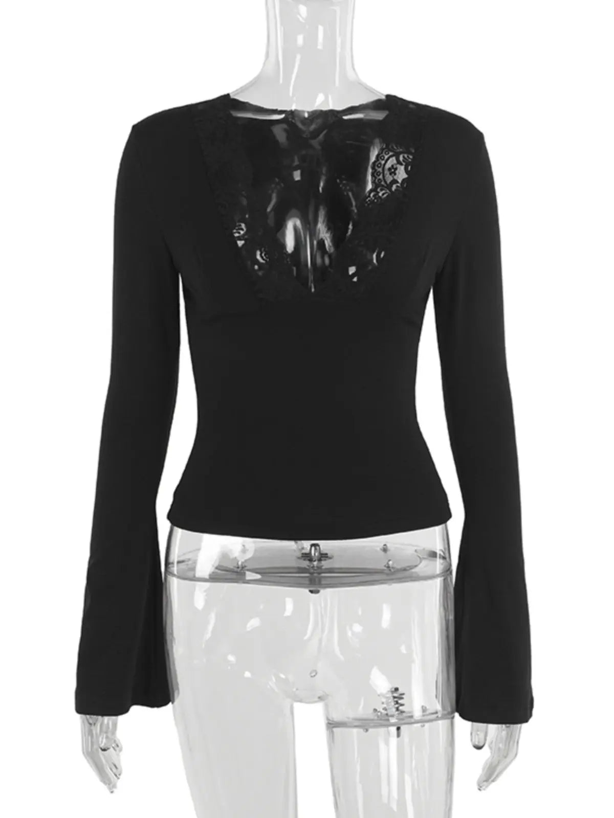 Sexy Lace V-Neck Long Sleeve T-Shirt Women's Waist-Cinching Top Pure Color Polyester Fabric Thin Autumn Winter Ladies Tee