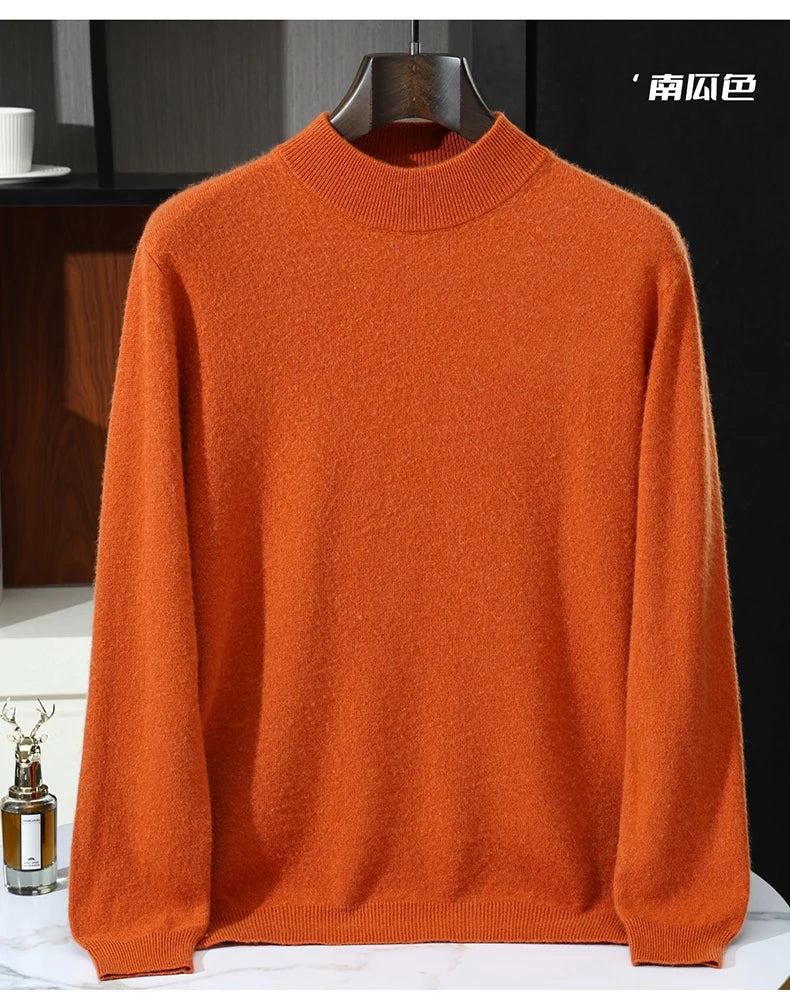Autumn/Winter Men's 100% Pure Cashmere Pullover Business Casual Solid Knitted Sweater Loose Half High Neck Tops Thick Jumper