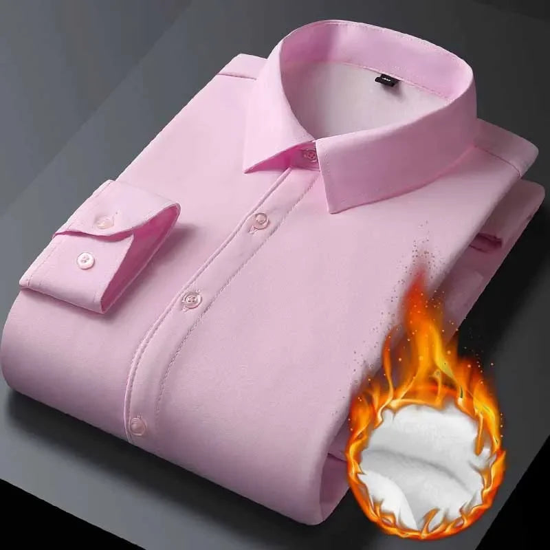 Men's Business Formal Lapel Shirts Autumn and Winter Thickened Warm Office Work Shirt Men Solid Color Casual Long Sleeve Tops