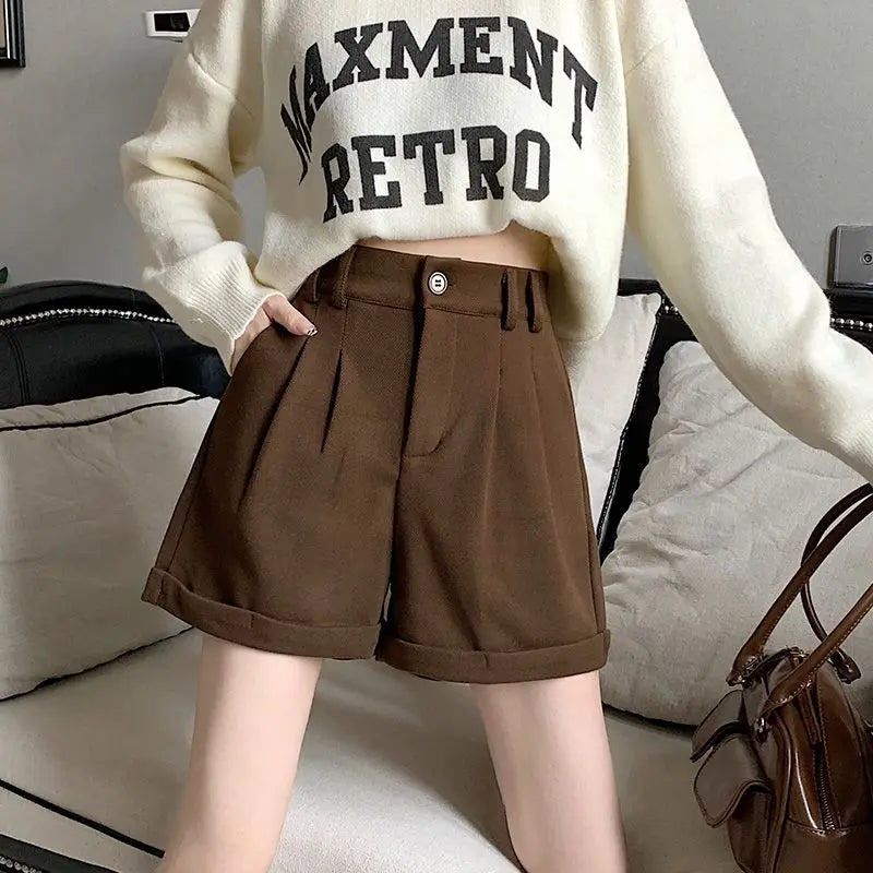 Women Office Lady Summer 2025 Solid Brown Thick High Waist Shorts Korean Style Wide Leg Boot Pants