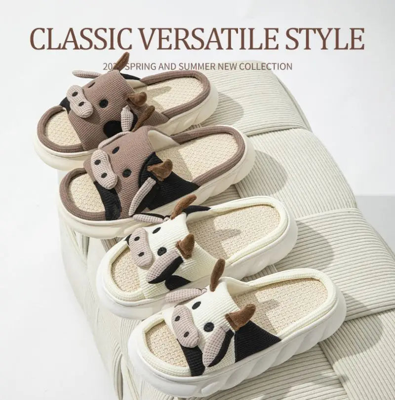 Cartoon Cute Cow House Slippers Women Platform Soft Sole Anti-slip Home Slides Woman Lightweight Warm Plush Indoor Cozy Slippers