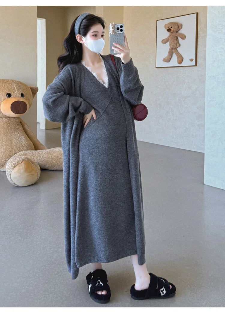Maternity Suit  Autumn High-End Lazy Style Versatile Long Coat And Lace Paneled V Neck Straight Tank Dress Two Piece Set