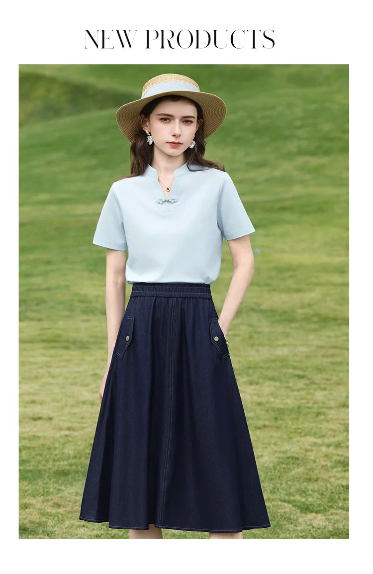 I BELIEVE YOU Dark Blue Denim Midi Skirt for Women 2026 Spring Elastic Waist Skirts Casual A-Line Skirt with Pockets 2261026207