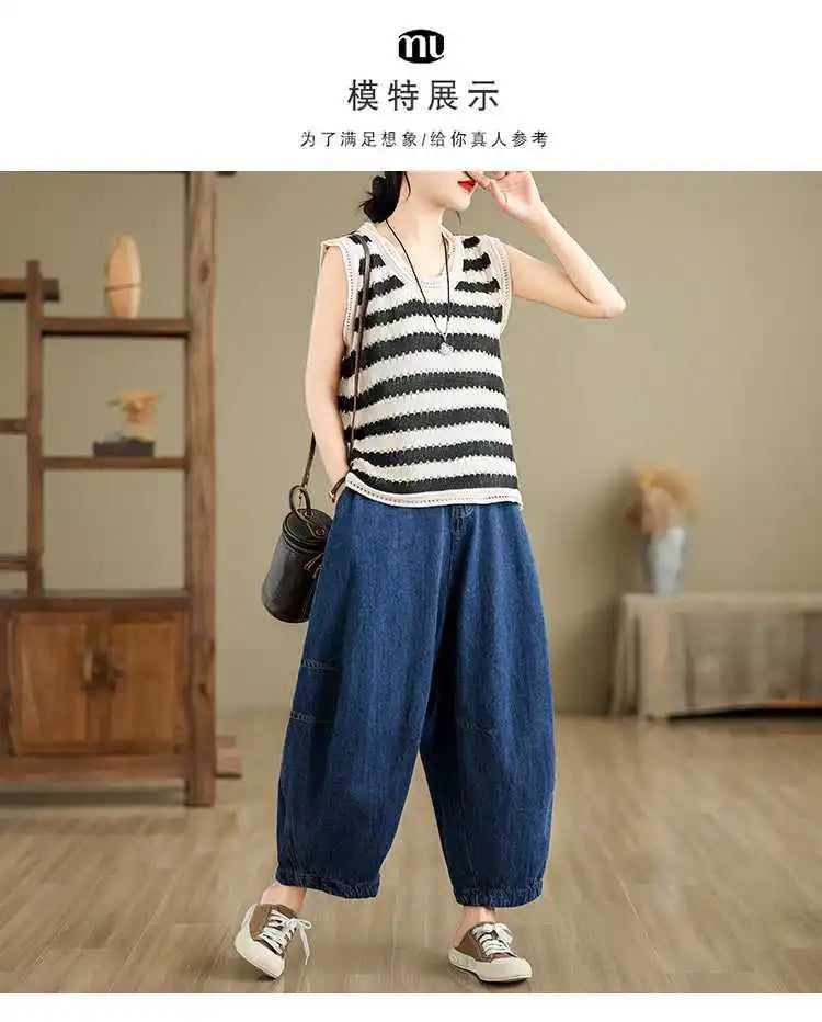 2026 New Women's Retro Literary Baggy Jeans Simple Versatile Wide-leg Washed Denim Trousers Casual Streetwear Ladies Harem Pants