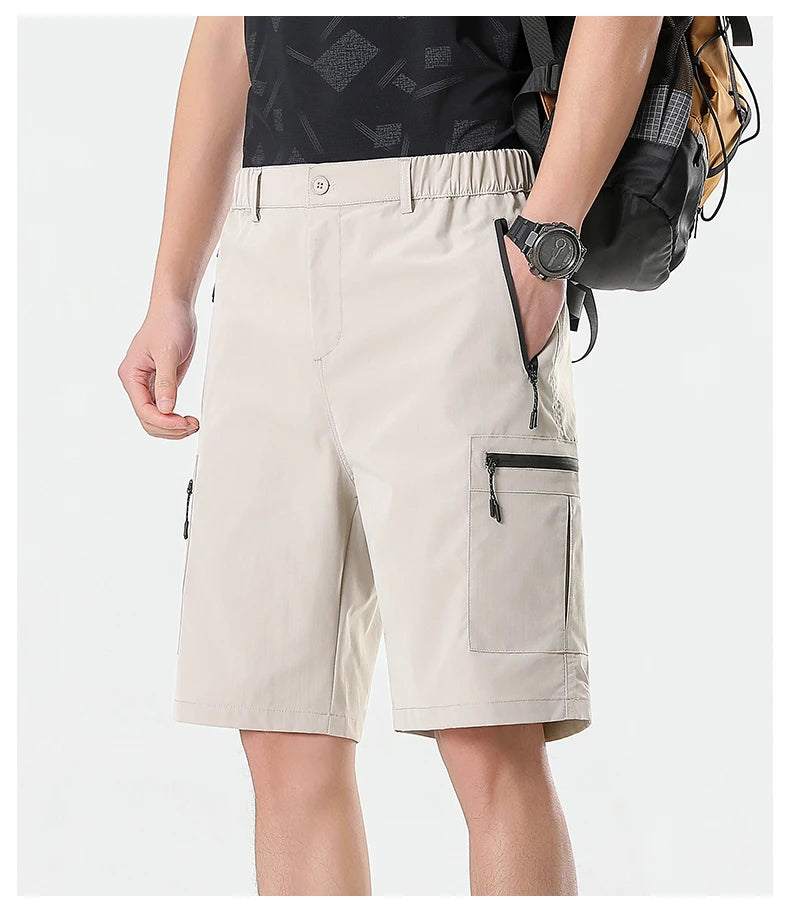 Mens Cargo Shorts Knee Pants Zipper Pocket Summer Quick Dry Shorts Climbing Jogger Elastic Waist Sports Wear