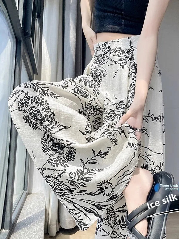 Summer Lazy Sle Wide Leg Pants Loose Floor-Length Ice Silk Women's High Waist Straight Tube Linen Cotton Blend Trousers