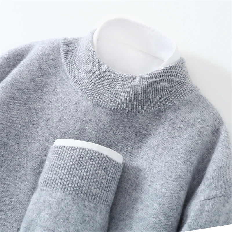 Autumn/Winter Men's 100% Pure Cashmere Pullover Business Casual Solid Knitted Sweater Loose Half High Neck Tops Thick Jumper
