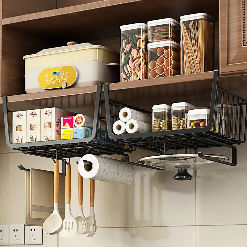 Kitchen Under Cabinet Basket Organizer Storage Hanger Cup Holder Closet Desk Hanging Rack for Kitchen Paper Towel with 4 hooks
