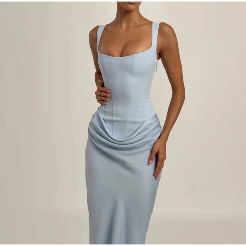 Solid Pleated Sling Dress Women Square Neck Sleeveless Backless Waist Cinching Bodycon Dresses Lady Summer Evening Party Gowns