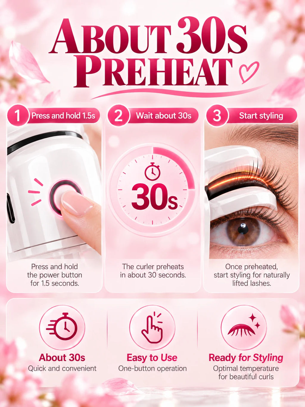 Electric Heated Eyelash Curler 2 Heat Modes Thermal Silicone Clamp Type-C Rechargeable Lash Curler 5-Min Auto Shut-Off Makeup To