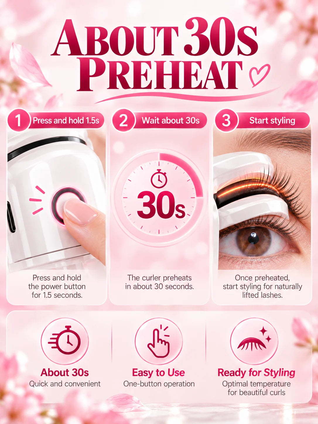 Electric Heated Eyelash Curler 2 Heat Modes Thermal Silicone Clamp Type-C Rechargeable Lash Curler 5-Min Auto Shut-Off Makeup To