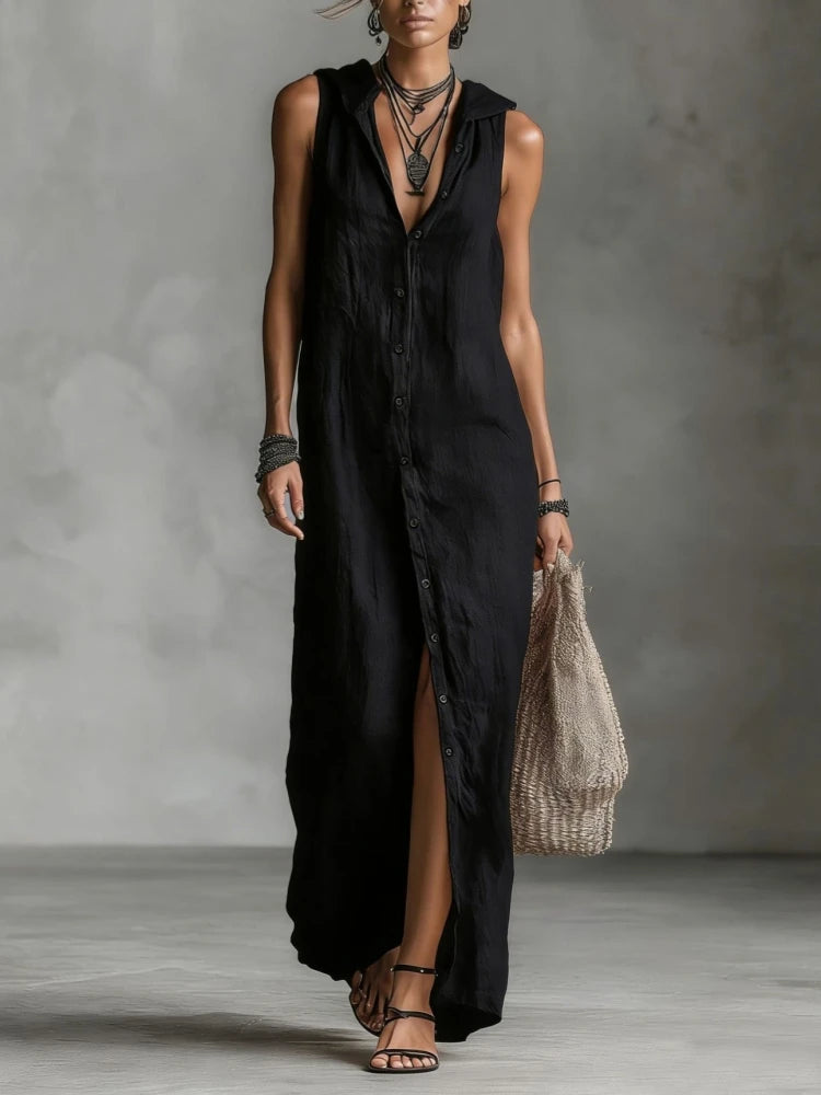 Elegant Cotton Linen Hooded Dress Women Loose V Neck Single Breasted Sleeveless Vestido Female Spring Summer Casual Lady Dresses