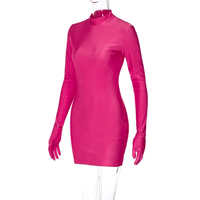 Solid Long Sleeve Mini Dress with Gloves Sexy Streetwear Party Outfit Half Turtleneck Bodycon Y2K Style Wholesale