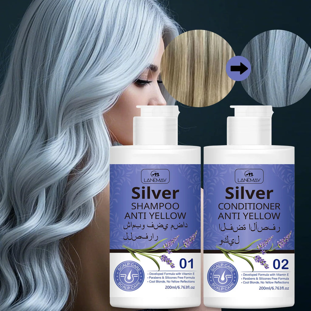 Silver Anti-Yellow Shampoo & Conditioner Set – Neutralize Brassiness & Maintain Cool Blonde Tones.