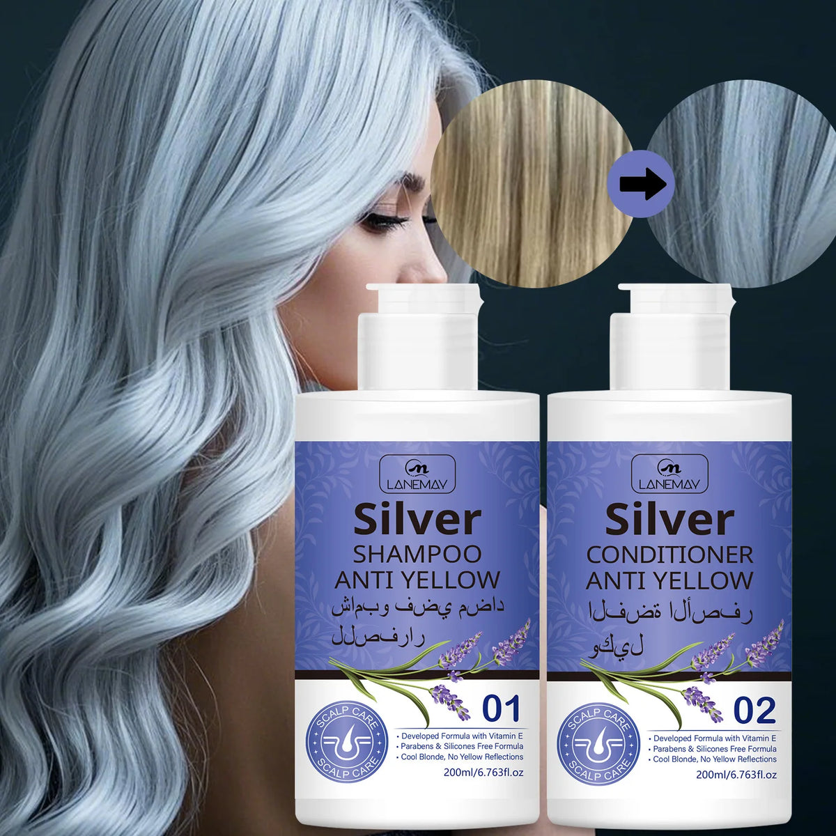 Silver Anti-Yellow Shampoo & Conditioner Set – Neutralize Brassiness & Maintain Cool Blonde Tones.