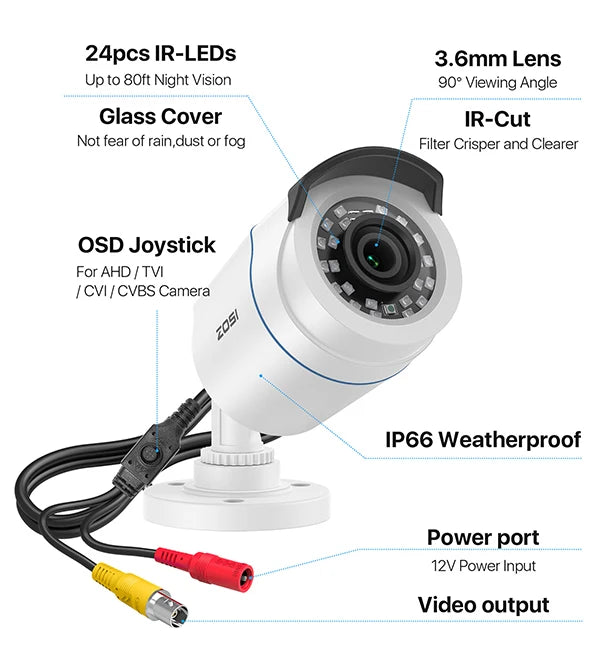 ZOSI HD 1080P 2MP H.265 4-in-1 CCTV Video Home Security IR Night Vision Weatherproof Bullet Camera for Surveillance System