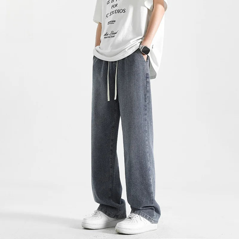 American Retro Dstring Jeans Loose Straight Casual Pants High Street Vibe Wide Leg Summer New Sle for Men Youth Faion