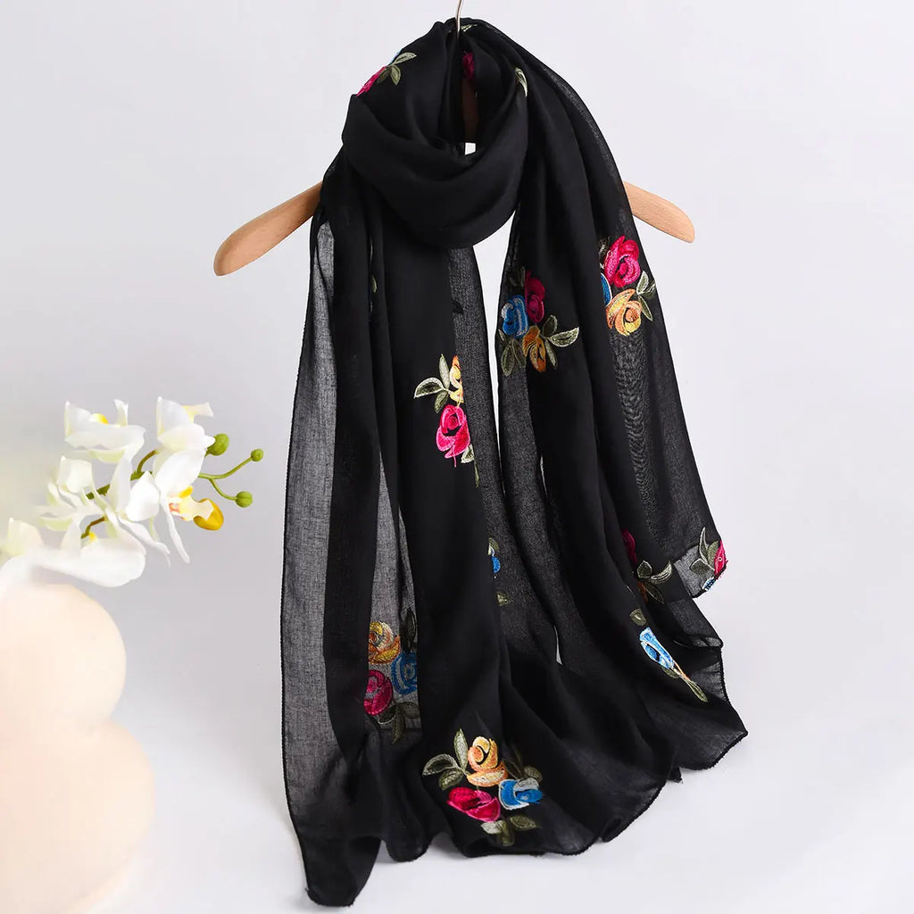 Spring and Summer Lightweight Breathable Cotton and Linen Embroidery Scarf Ethnic Style Fashionable Soft Women's Sunscreen Scarf