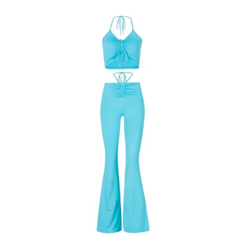 Solid 2 Piece Sets Womens Outfits Neck-mounted Halter Top Low Waist Long Pants Set Conjuntos Feminino Elegante Ensemble Femme