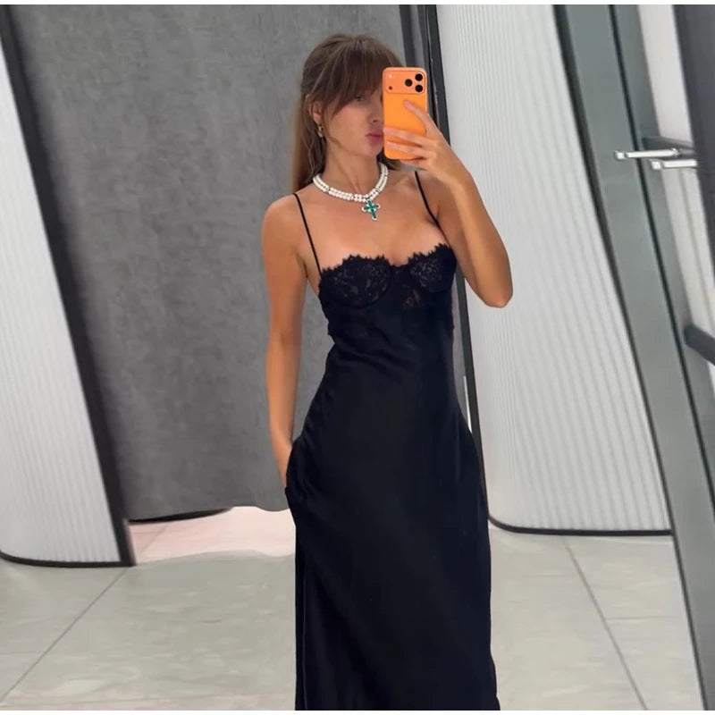Sexy Satin Sling Long Dress Women Backless Sleeveless High Waist Lace Patchwork Loose Robe Female 2026 Summer Chic Solid Dresses