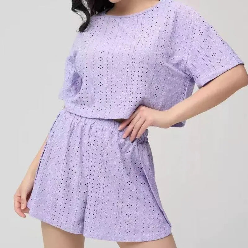 Ladies Summer Solid Color Hollow-out Short Sleeve Shorts Set Girl Student Homewear Women Casual Outside Home Loose Two-piece Set