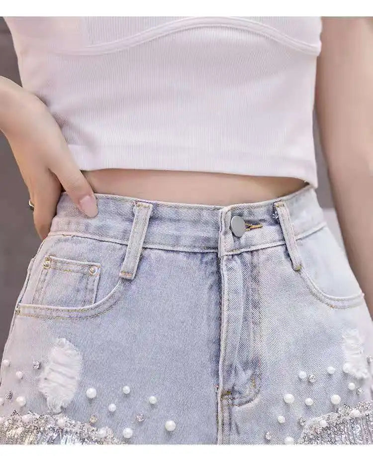 2026 Summer New Personalized Denim Shorts for women's High waisted Diamond Studded Heavy industry Sequin Tassel Fashion Shorts